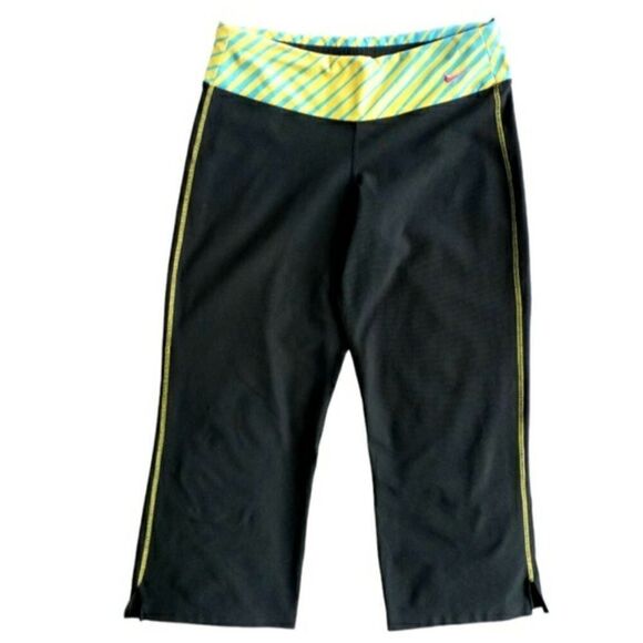 Nike Dry Fit Capri Split hem Leggings Wide Leg Black Yellow Blue Yoga size Small - Picture 1 of 13